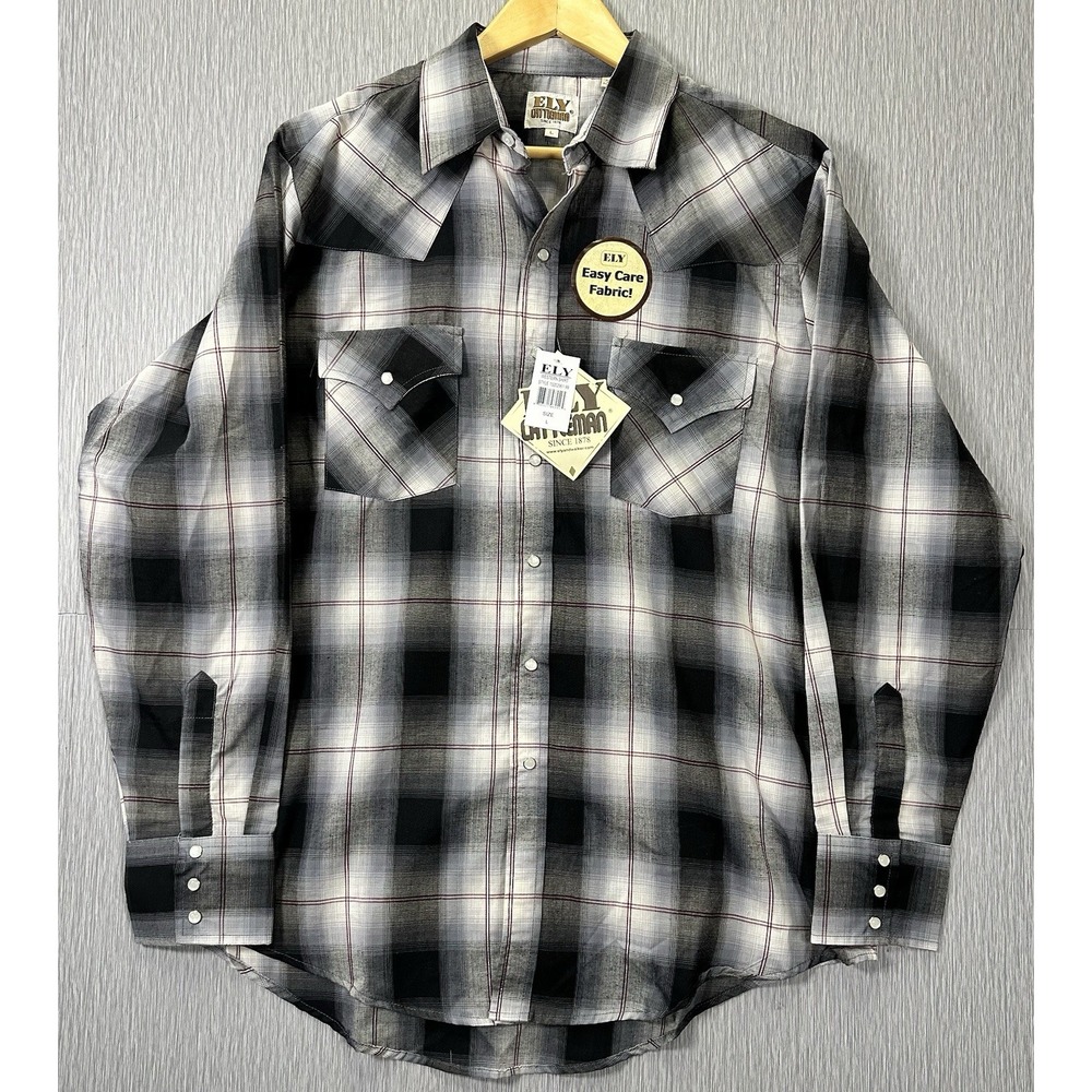 ELY Cattleman Mens Cowboy Shirt L Black PlaidPearl Snap Western LongSleeve NWT
